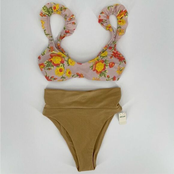 Aerie Floral Ruffle Scoop Top High Cut Cheeky Bikini Swimsuit Set Gold Pink XS - Picture 1 of 9
